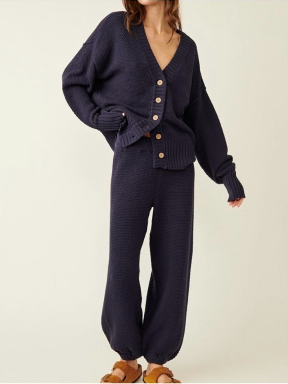 Free People Dark Navy Button-Front Knit Cardigan
